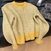 Autumn Yellow Short Sweater Jacket for Women Winter Clothing Fashion New Long Sleeve Knitted Sweaters Cardigan Vintage Round Neck Slim Cardigans 25283 One Size geltona