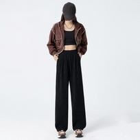 Women's Fleece-lined Elastic Knitted Wide Leg Pants Autumn High Waist Casual Mopping Straight Leg Trousers XL tamsiai pilka spalva