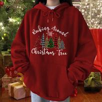 Rocking Around The Christmas Tree Christmas Tree Fleece-Sleeved Hooded Sweater, Women XS raudona