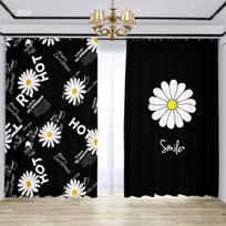 Black White Daisy Curtain Blackout Curtains Sunscreen Simple Bedroom Bay Window Block Light Partition Thick Window Drapes 2PCS W55 X H120cm X 2&HOOK