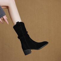 Krazing Pot Cow Suede Nubuck Winter Med Heels Western Boots Women Slip on Size 43 Mid-calf Boots 34 juoda