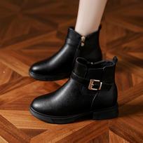 Fashion Autumn Winter Warm Thick Sole Anti-slip Lady Buckle Round Toe Solid Leather Boots Fashion Elegant Short Cotton Boots 35(Foot22.5cm) black