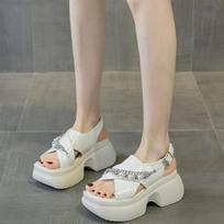 Fashion 7cm New Microfiber Synthetic Leather Summer Peep Toe Buckle Fashion Bling Women Sandal Slippers Pumps Platform Wedge Shoes 33 smėlis
