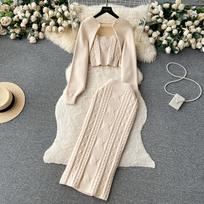 Autumn Skinny Knitted 3 Piece Set Women Cardigan Long Sleeves Smock Tank Tops+Bodycon Skirt Female Solid Gentle Sweater Suits One Size abrikosas