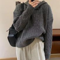 Autumn New Vintage Loose Hooded Pullovers Sweaters Women Winter Thicken Long Sleeve Casual Knitted Sweater Women Tops Solid Casual Base Jumpers 25452 One Size pilka spalva