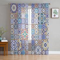 Moroccan Tiles Colorful Arabesque Tulle Sheer Window Curtains for Living Room the Bedroom Modern Voile Organza Curtains Drapes W135 x H115cm x1&Rod Pocket