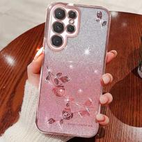 Phone Case For Samsung Galaxy S25 Ultra, S24U, S23U, S22U, Flash Pink Flower Transparent Shock Protection Luxury Diamond Shining Protective Cover Samsung Galaxy S25 Ultra rožinė