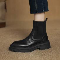 Krazing Pot Cow Skin Size 43 Winter Round Toe Chunky Heels Fashion Motorcycle Boots Women Slip on Knitting Stretch Ankle Boots 34 juoda