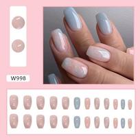 24 Pieces Short Ballet Pink and Blue Contrasting Marble Pattern Smudge Nail Art Glacier Jelly Summer Fresh Wear Nail Fake Nails