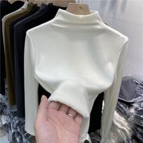 Autumn Half High Collar Slim Fit Plush Base Casual T-shirt Women Winter Long Sleeve Solid Velvet Women's T Shirt Elegant Retro Warm Lady Tee Top 25573 S balta