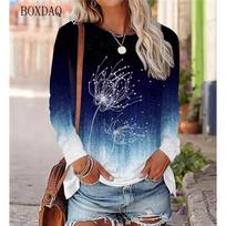 Dandelion Pattern Women T-Shirts Spring Autumn Long Sleeve 3D Plant&Flowers Print Street Gradient Ladies Tees 5XL Plus Size Top 5XL black