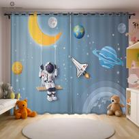 Cosmic Astronaut Print Curtain, Cartoon Curtain, Rod Pocket, Boy, Girl Room, Living Room, Study, Kitchen, Decorative, 2Pcs W50xH130(CM)x2PCS&Grommet Top white