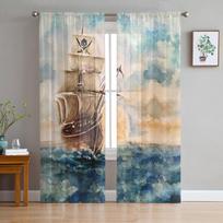 Oil Painting Style Pirate Boat Sheer Curtains for Living Room Decoration Window Curtains Kitchen Tulle Voile Organza Curtains W135 x H115cm x1