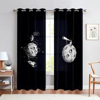 2Panels Cartoon Curtains Cute Astronaut Rocket Moon Planet Printed Curtains for Children's Bedroom Living Room Kitchen Decor W60xH100(CM)x2pcs&Hook