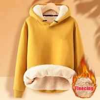Fleece Sweatshirt Thickened Lamb Plush Hooded Pullover Casual Solid Sports Simple Top Long Sleeve Women Clothes Winter Loose New M geltona