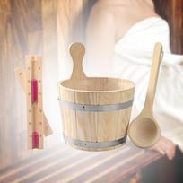 Medinis saunos kibiras vandens su Ladle Premium profesionaliu statinės laikymo konteineriu