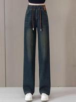 Vintage Plus Size Straight Jeans Women Autumn Winter New High Waist Casual Wide Leg Pants Korean Fashion Design Casual Trousers S tamsiai mėlyna spalva