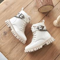 Children New Boots Soft-soled Girls Tide Boots Autumn and Winter Warm British Style Boys Leather Boots Student Metal Chain Hot 26 smėlis