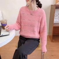 Glittering Silk Loose Lazy Style Outerwear Pullover Women's  Round Neck Knit Sweater S rožinė