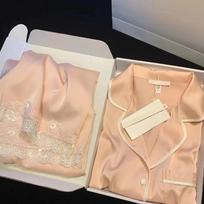 Womens Silk Satin Pajamas Set Sleepwear Female Sleep Two Piece Loungewear Girls Lace Trim Sweet Home Suit Spring Autumn Homewear M