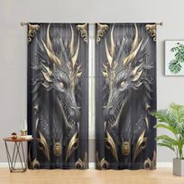 2 pieces, black gold 3D majestic dragon totem curtains - semi blackout - suitable for living room, bedroom, kitchen, home decora W150CM H166CM&Rod pocket gray