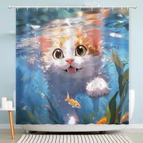Funny Diving Cat Shower Curtain Cartoon Animals Oil Painting Style Polyester Washable Shower Curtains Bathroom Decor with Hooks 90x180cm-35x70in