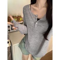 Gray loose lazy style early autumn long-sleeved sunscreen air-conditioned blouse T-shirt women's summer half-open collar relaxed top S