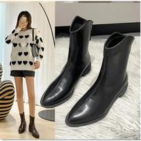 Winter Black Leather Botas Back Zipper Ankle Boots Pointed Toe Women Shoes White Chunky Heels Brown Zapatillas De Mujer 35 juoda