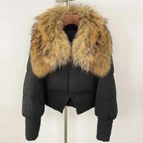 OFTBUY Real Fur Coat Natural Raccoon Fur Collar Jacket Women Winter Natural Short White Duck Down Jacket Thick Warm Casual Outerwear One Size black