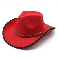 Western Cowboy Hat Woolen Felt Top Hat Jazz Hat Lock Lace Hat M（56-58cm） raudona