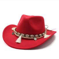 Western Cowboy Ethnic Style Wool Jazz Top Hat Fashion Convex Top Men'S And Women'S Felt Hat M（56-58cm） raudona