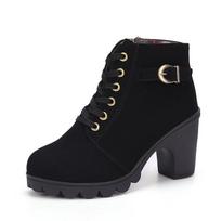 35-42 Autumn/Winter New High Heels Coarse Heels Women's Boots Lace Up Short Boots Women's Short Boots Martin Boots Single Boots 35 juoda