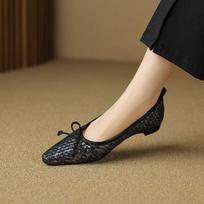 Krazing Pot Microfiber Natural Skin Weaving Summer Spring Autumn Low Heels Women Butterfly-knot Style Shallow Pumps 35 juoda