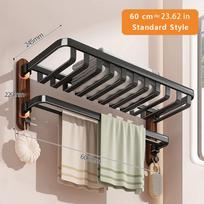 60cm Folding Walnut Towel Rack Bathroom Solid Wood Bath Towel Shelf 23.62 Inch Wall-mounted Black Robe Towel Holder Accessories