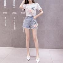 Summer Women's Embroidered Sequined Three-dimensional Flower Short-sleeved T-shirt Raw Denim Shorts Two-piece Suit XXXL