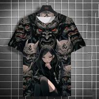 Japanese Style Samurai Katana Girl T-Shirts 3D Print Personality Anime T shirt Men/Women Short Sleeve Top Fashion Men's Clothing S black