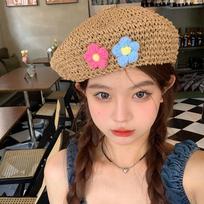 Flower Woven Fisherman Hat Beret Retro Breathable Sun Protection Hollow Artist Hat Summer Straw Hat