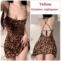 Sexy Leopard Print Hot Sleepy Backless Temptation Super Short Nightdress Loungewear Suit M geltona