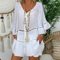 Women Flare Sleeve Cotton Shirt Oversized Hallow Out Loose Blouses Solid Color Yellow White Buttoned Ruffle Plus Size Tops S balta