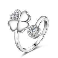 Temperament Four-Leaf Clover Ring Creative Opening Adjustable Fashion Zirconia Small Clear Heart Lucky Grass Ring opening adjustable