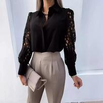 Spring and Summer Ladies Solid Color Lace Stitching Shirt Shirt Women XS juoda
