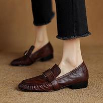 Krazing Pot Cow Skin Spring Summer Size 40 Loafers Thick Low Heels Pleated Decoration Women Round Toe Leisure Pumps 35 ruda