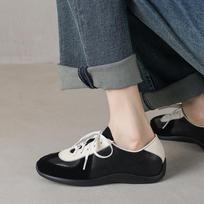 Krazing Pot Sheepskin Nubuck Spring Summer Size 40 Loafers Thick Med Heels Mixed Color Women Round Toe Leisure Pleated Sneakers 35 juoda