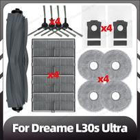 Suderinamas su „Dreame L30s Ultra“ keičiamu pagrindiniu šoniniu šepečiu, HEPA filtru, šluostės padu, dulkių maišeliu, atsarginėmis dalimis, priedais gray