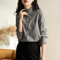 Commuter Stand-up Collar Plaid Shirt Retro Hong Kong Style Design Sense Niche Top S