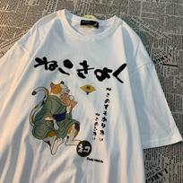 Original Japanese Retro Fun Fish CAT Cartoon Print Pure Cotton Short Sleeved T-shirt Men Women Trendy Loose Round Neck Tee Shirt S smėlis