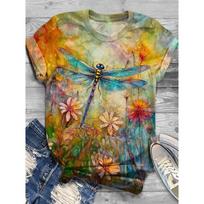 Summer Round Neck 3D Butterfly Dragonfly Print Top Fashionable Casual Short Sleeved Women's T-shirts S