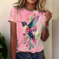 Summer Round Neck 3D Bird Peacock Print Top Fashionable Casual Short Sleeved Women's T-shirts XS