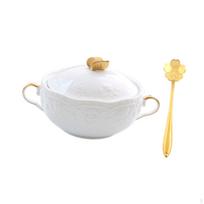 Keramikinė dubenėlė sriubai patiekti, 9,8 uncijos, 4,5 colio dydžio su rankenėlėmis Ledams ir makaronams gold cover handle white