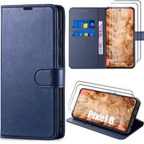 Case + 2 Tempered Glasses for Google Pixel 8, Elegant Leather Effect Wallet Case - Navy Blue